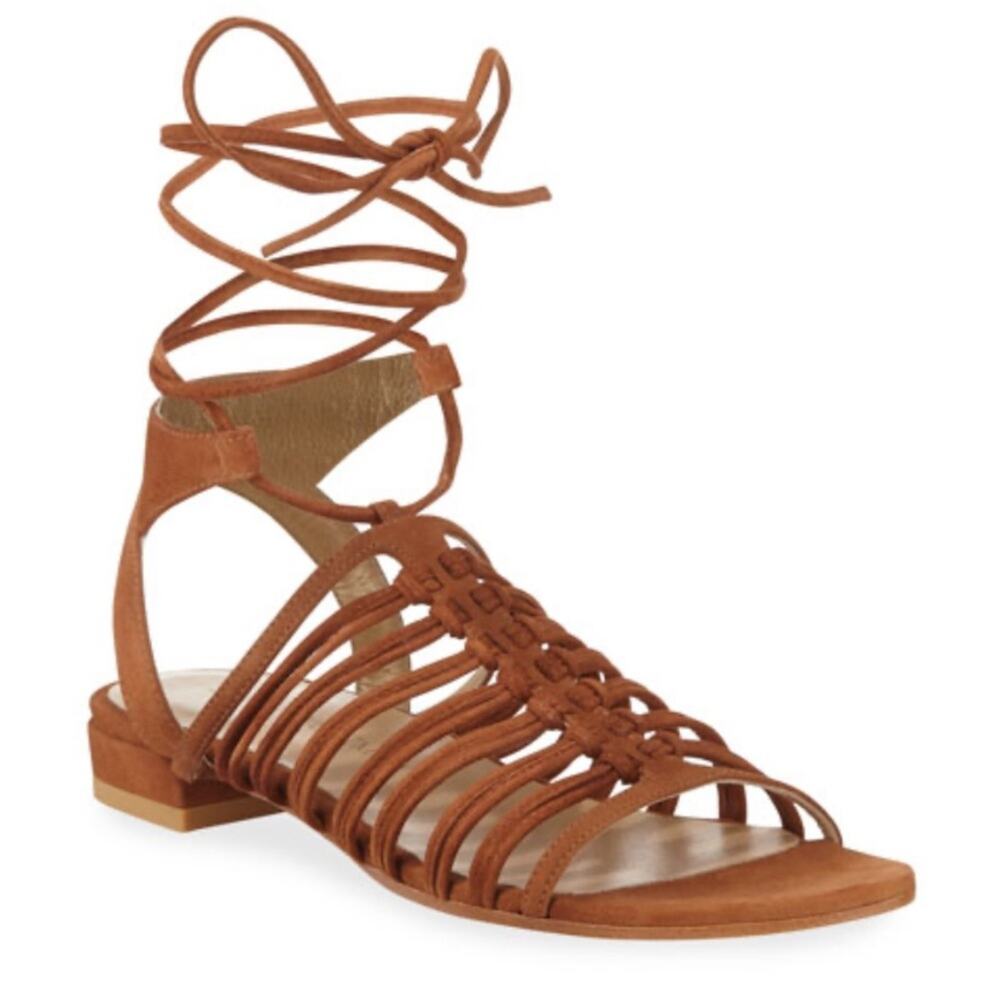 Stuart Weitzman Knotagain Ankle Wrap Flat Suede Sandal Size 8